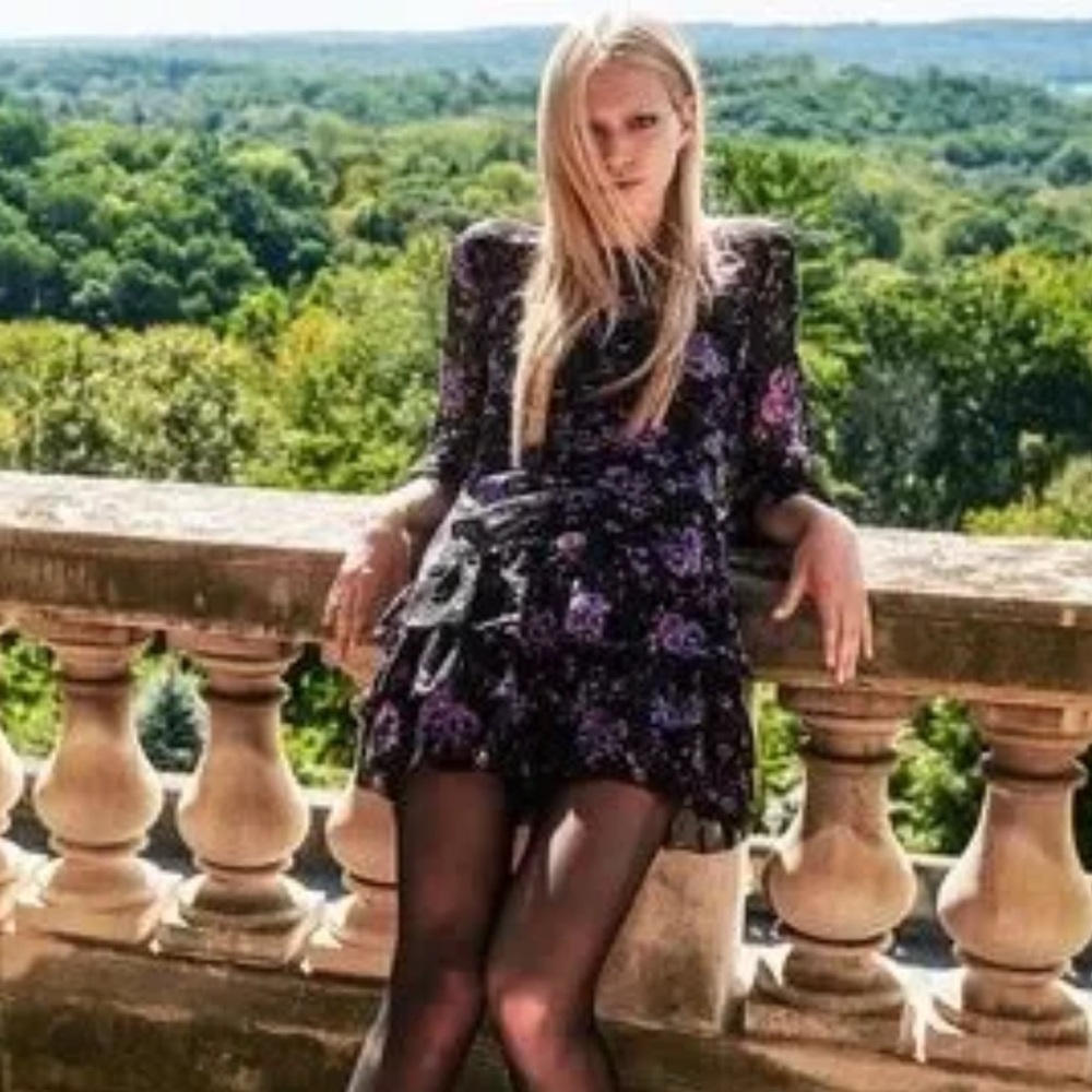 225 ZARA Black & Purple Floral Ruffle Long Sleeve Dress – Size Small